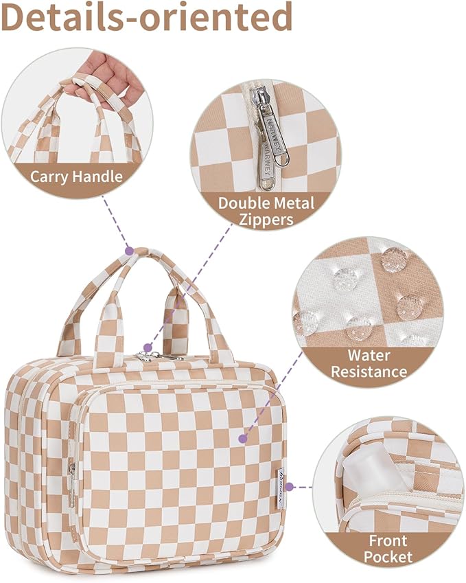 Travel Toiletry Bag for Women Large Hanging Makeup Bag Organizer Toiletries Bag for Full Size Essentials Accessories Cosmetics (Light Checkerboard (Large))