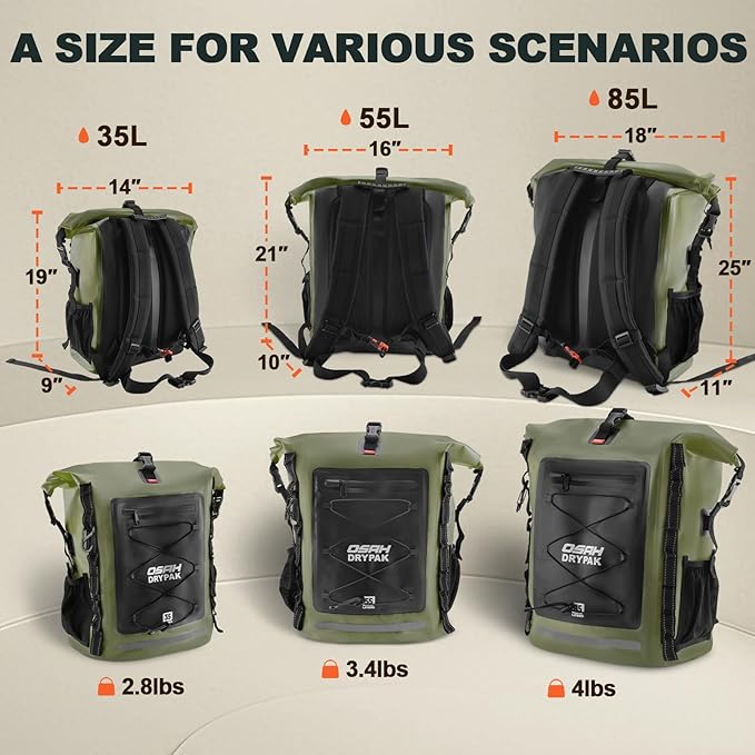 Waterproof Backpack Dry Bag 35L/55L/85L – Heavy Duty Roll-Top Hiking Backpack Sack Keeps Gear Dry for Travel, Kayaking, Boating, Camping, Rafting and Fishing