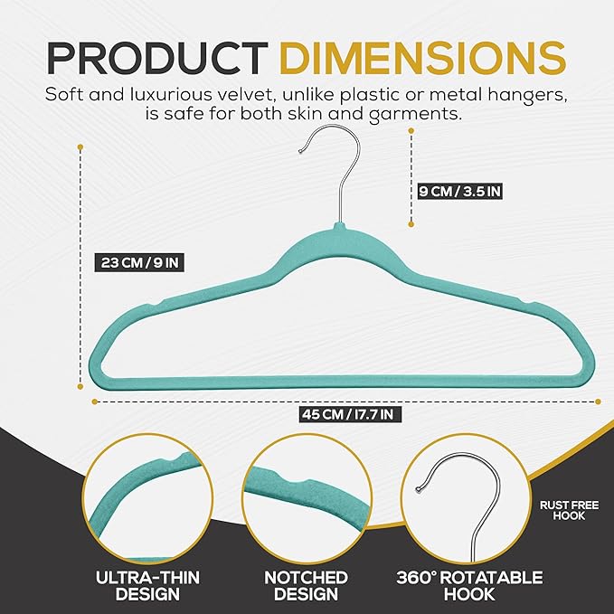 50 Pack New Premium Quality Velvet Hangers Ultra Thin Non Slip Adult Felt Space Saving Hangers for Closet Heavy Duty Coat Pants Dress Hangers 360° Swivel Hook Hold Upto 10 lbs Teal