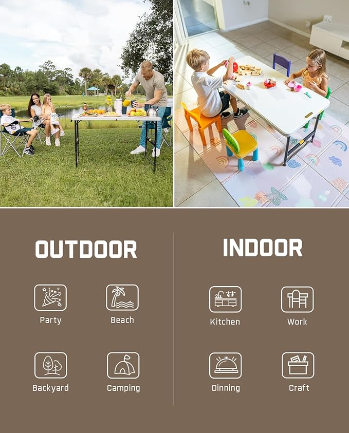 FanttikOutdoor 4ft Portable Folding Table, One-Handed Height Adjustment, 4 Heights, Gravity Lock, Carry Handle, Indoor Outdoor Heavy Duty Fold-in-Half Utility Table, Party, 2-Pack, White Zeta X4 Pro