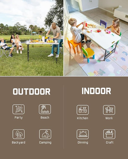 FanttikOutdoor 4ft Portable Folding Table, One-Handed Height Adjustment, 4 Heights, Gravity Lock, Carry Handle, Indoor Outdoor Heavy Duty Fold-in-Half Utility Table, Party, 2-Pack, White Zeta X4 Pro