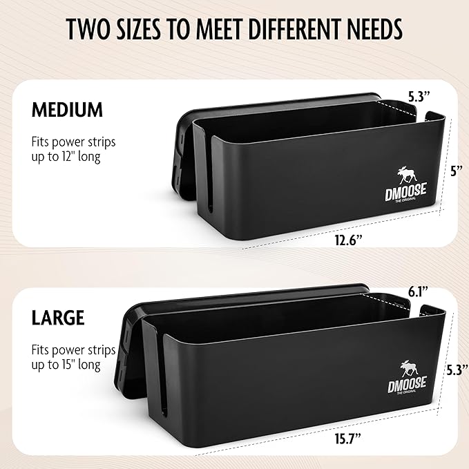 DMoose Cable Management Box - 2 Pack Medium & Large Cord Organizer for Desk & Floor, Cable Organizer Box for Child & Pet - Cable Box Hider for Tidy Office & Home, Power Strip Cover (Black - Pack of 2)