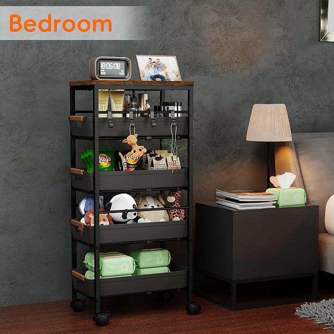 5-Tier Kitchen Storage Cart, Wood Top Rolling Cart Organizer with Pull-Out Baskets & Wheels, Metal Snack Cart with Holder for Fruit, Vegetable, Microwave, Kitchen, Pantry, Black