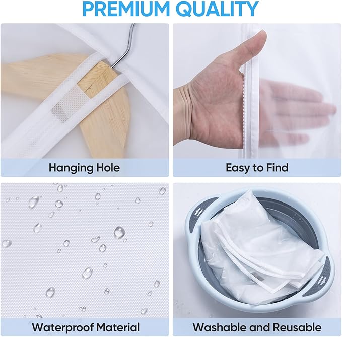 BALEINE 60'' Translucent Garment Bags, 12 Packs PEVA Dress Bag for Closet Clothes Dresses Suit Coats Storage (White, 12PK)