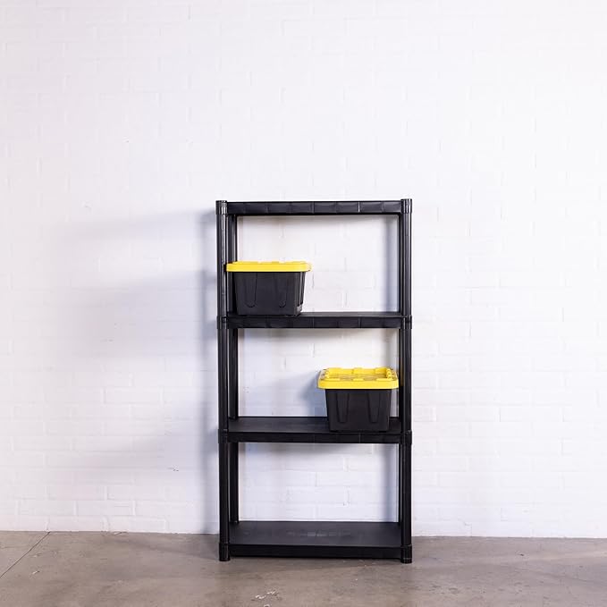 Plastic 5-Gallon Storage Tote with Lockable Lid, Stackable Tough Regular-Duty Bin for Garage, Tools, and Home Organization (2-Pack) - Black and Yellow