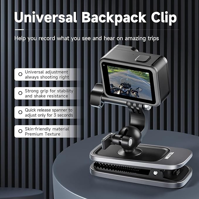 TELESIN Backpack Clip Mount 360 Swivel Ball Joint Shoulder Bag Belt Strap Mounts Accessories for GoPro 13 12 11 10 9 8 7 6 5 Insta 360 X3 Ace Pro DJI Action 3 4 Osmo Pocket 3 Bike Motorcycle Accessory