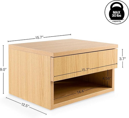 JONATHAN Y NST2002C Ettore 15.71" Mid-Century Modern Floating Wall Mounted Nightstand with Soft-Close Drawer and Cable Hole, Light Oak