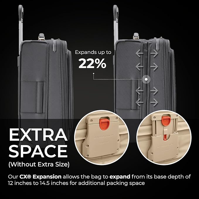 Briggs & Riley 26" Medium Expandable Spinner - Checked Luggage for Travel, Suitcases with Wheels, Softside Rolling Bag for Men & Women, Self-Repairing Zipper - Baseline Collection, Steel Gray