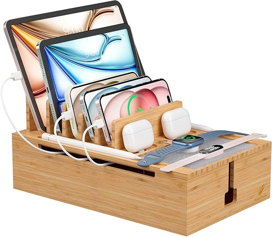 Pezin & Hulin Bamboo Charging Station, Electronic Devices Organizer for Multiple Devices Charger Such As Cell Phone, Tablet, Watch and More, Natural, (No USB Charger and Cables)