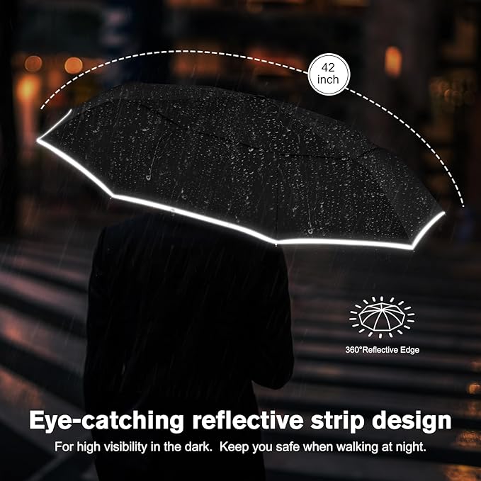 G4Free 42 Inch Eco Windproof Folding Umbrella for Rain & Sun 9 Ribs Wind Resistant Strong Fiberglass Double Canopy with Reflective Strip for Women Men Auto Open Close For Car & Backpack