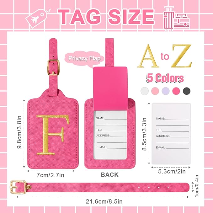 Personalized Initial Luggage Tags for Suitcase - Rose Red Leather With Privacy Cover Name Card, Embroidered Custom Monogram Travel Backpack Tag Gifts for Women Kids (F)