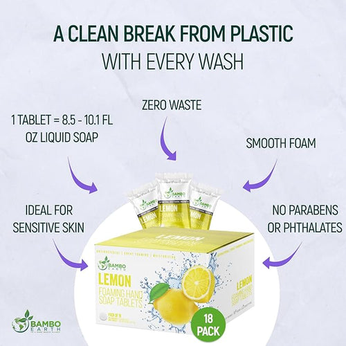 18 Pack Natural Foaming Hand Soap Tablets - Soft Moisturizing Handwash Tab Refills - 1 Tablet = 9 Oz Refillable Liquid Wash Foam Handsoap - Eco-Friendly Paper Softsoap Refill Tabs (Lemon)