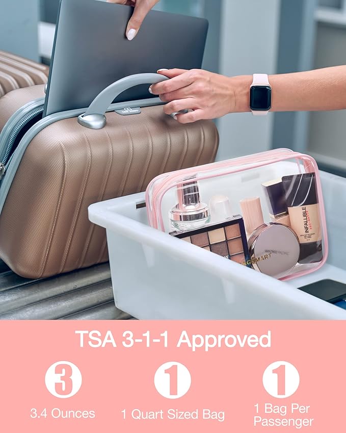 BAGSMART Clear Toiletry Bag, 2 Packs TSA Approved Water resistant Quart Size Travel Organizer, Airport Airline Travel Essential Carry On Makeup Cosmetic Bags for Women, Pink