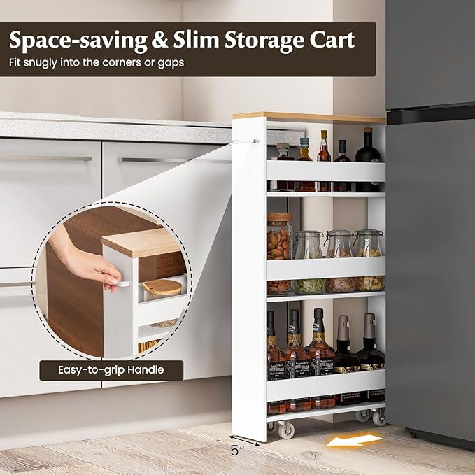 LOKO Slim Storage Cart, 4-Tier Rolling Cart with Handle & Wooden Top for Kitchen Bathroom Laundry Living Room Narrow Small Spaces, 5 Inches Width (White & Natural)