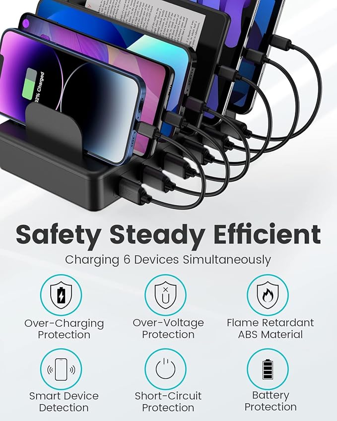 CREATIVE DESIGN 50W 6 Ports Multi Charger Station with 6 Charging Cables, USB Charging Dock for Multiple Devices, Compatible with Cellphone iPad Kindle Tablet and Other Electronic Devices