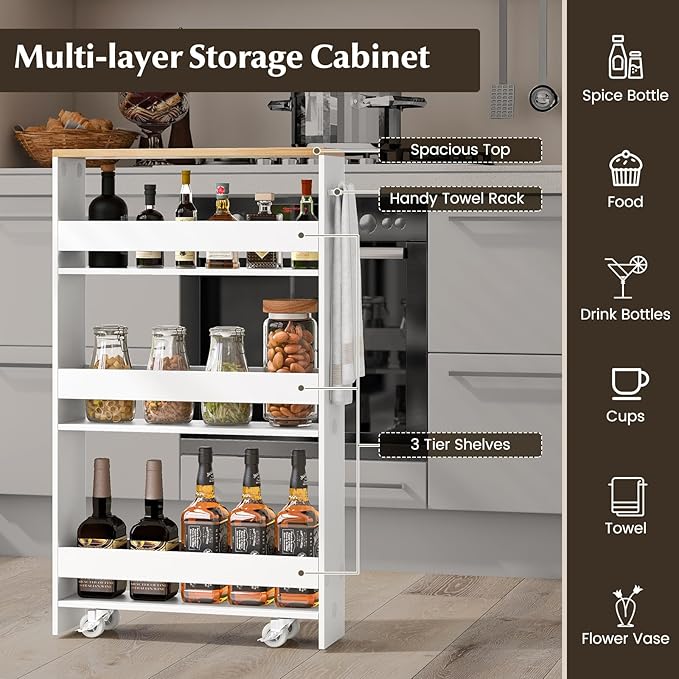 LOKO Slim Storage Cart, 4-Tier Rolling Cart with Handle & Wooden Top for Kitchen Bathroom Laundry Living Room Narrow Small Spaces, 5 Inches Width (White & Natural)