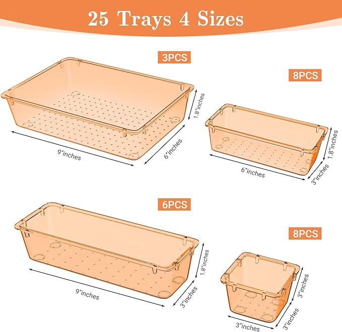 25 PCS Plastic Drawer Organizer Set, 4-Size Versatile Organizer Trays & storage Bins for Makeup, Jewelry, and Gadgets in Bathroom, Bedroom and Office,Orange