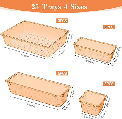 25 PCS Plastic Drawer Organizer Set, 4-Size Versatile Organizer Trays & storage Bins for Makeup, Jewelry, and Gadgets in Bathroom, Bedroom and Office,Orange