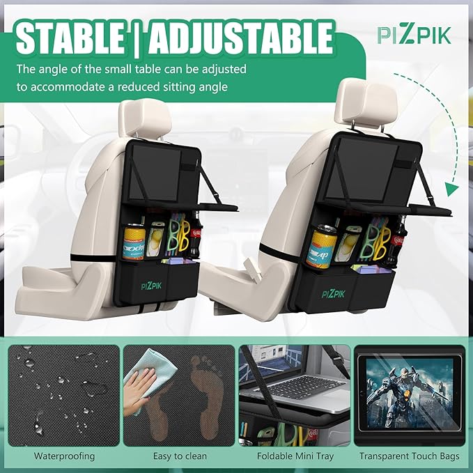 Car Backseat Organizer with Tablet Holder,11 Storage Pockets with Foldable Food Tray, Protector Kick Mats for Kids, Travel Accessories Organizer (Black, 1Pack)