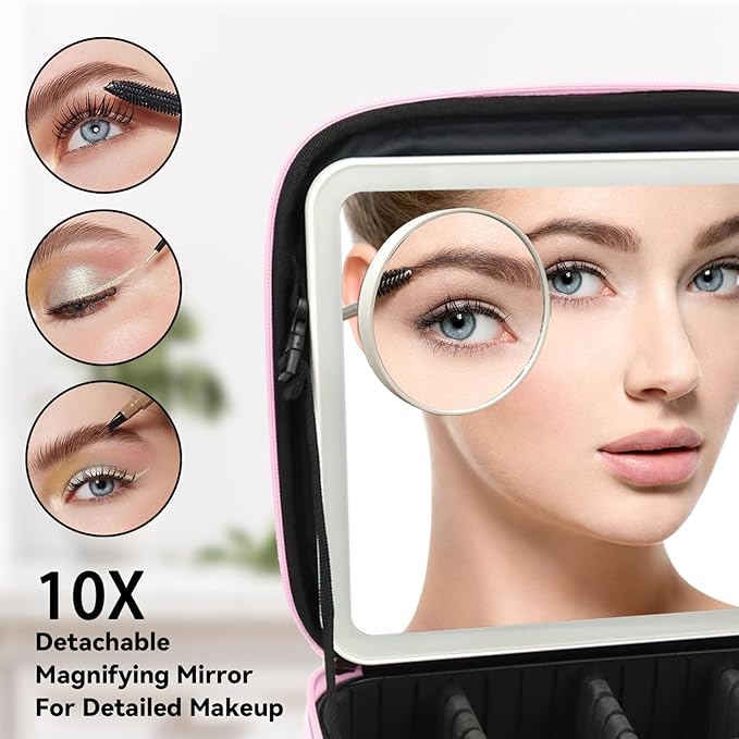 Travel Makeup Bag with LED Mirror and 10x magnifying glass with 3 Lighted Settings, Adjustable Dividers and Makeup Brush Storage Bag Light Pink