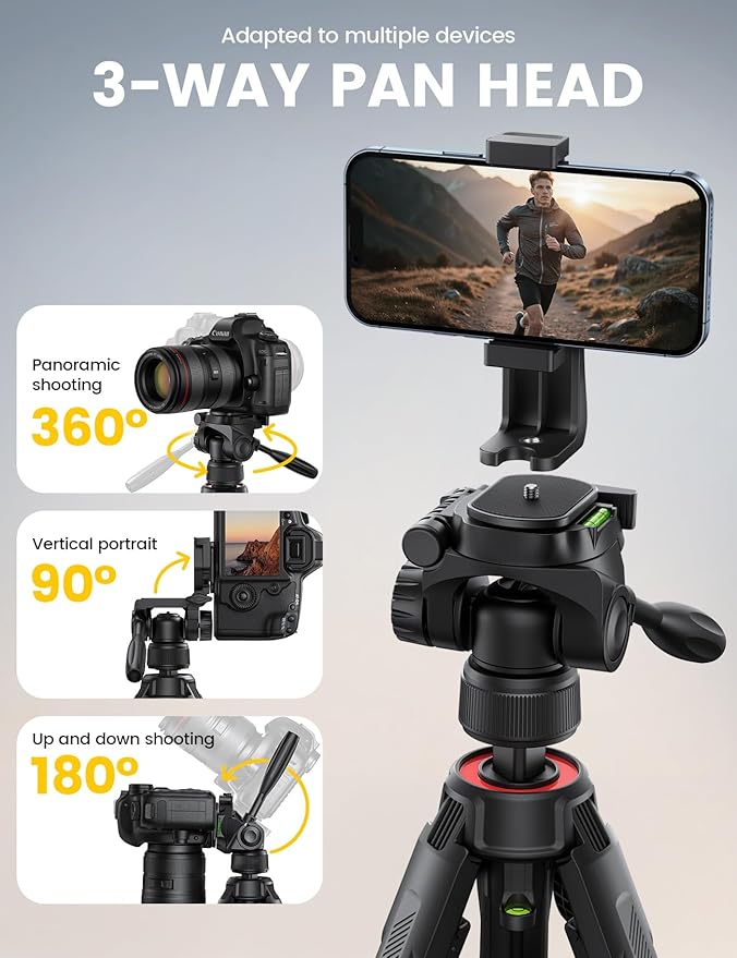 Lamicall Camera Tripod - 17.6LBS Max Load Tripod for Camera with Rapid Leg Deployment Phone Tripods for Video Recording Photo Vlog, 67" Camera Stand with Phone Holder & Carry Bag for DSLR iPhone GoPro