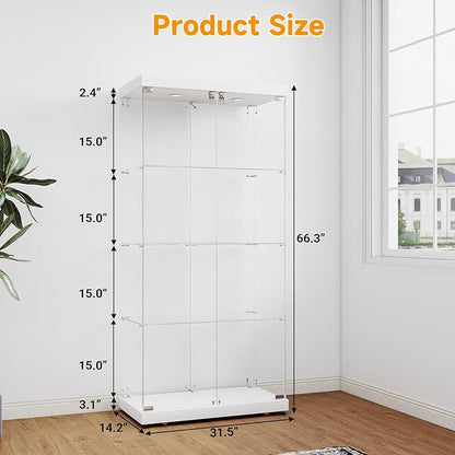 Tempered Glass Display Cabinet with Lights, 4-Tier Curio Cabinet with Glass Doors Wheels Two Locks, Glass Display Case for Collectibles for Living Room, Bedroom, Office, White, Double Door