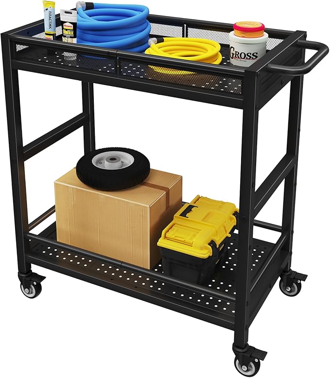 300LBS Heavy Duty Service Utility Cart on Wheels, Metal Rolling Utility Cart with Fences, 2-Tier Service Carts for Garage Garden Warehouse Tool House, Black, 360° Swivel, Ergonomic Handle, Sturdy