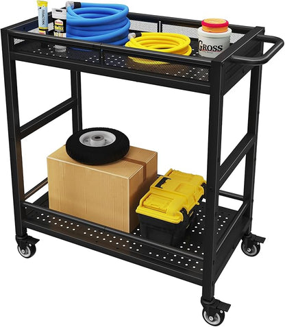 300LBS Heavy Duty Service Utility Cart on Wheels, Metal Rolling Utility Cart with Fences, 2-Tier Service Carts for Garage Garden Warehouse Tool House, Black, 360° Swivel, Ergonomic Handle, Sturdy