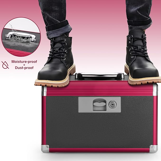 Medicine Lock Box for Safe Medication - 10 x 6 x 6.7 Inches - Lockable Storage Box for Drugs, First Aid Kit Empty, Lock Boxes with Key for Home/Outdoor (Black & Red/Small)