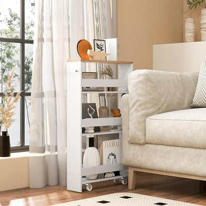 LOKO Slim Storage Cart, 4-Tier Rolling Cart with Handle & Wooden Top for Kitchen Bathroom Laundry Living Room Narrow Small Spaces, 5 Inches Width (White & Natural)