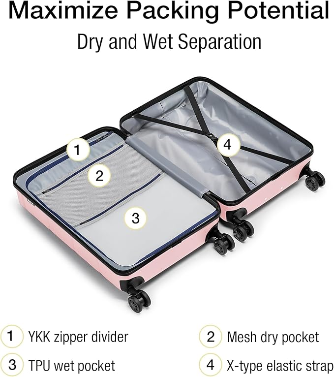 KYME Pink Hardside Carry On Luggage 22x14x9 Airline Approved with TSA Lock Hardshell Carry-On Suitcase with Wheels Travel Rolling 22 inch Luggage with Cup Holder for Women