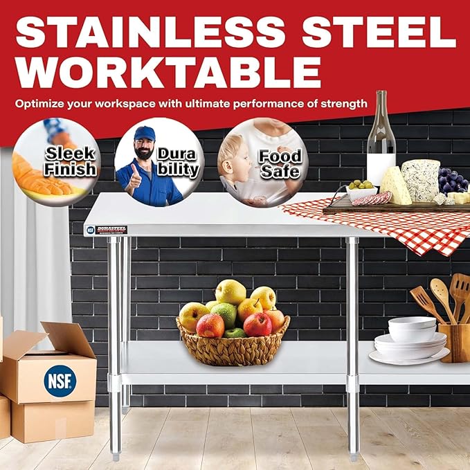 DuraSteel 24x84 Stainless Steel Work Table - NSF Commercial Prep Metal Table - Outdoor Pizza Oven Stand w/Under Shelf - Kitchen Island Laundry Utility Garage Microwave Stand Large Rolling Storage Cart