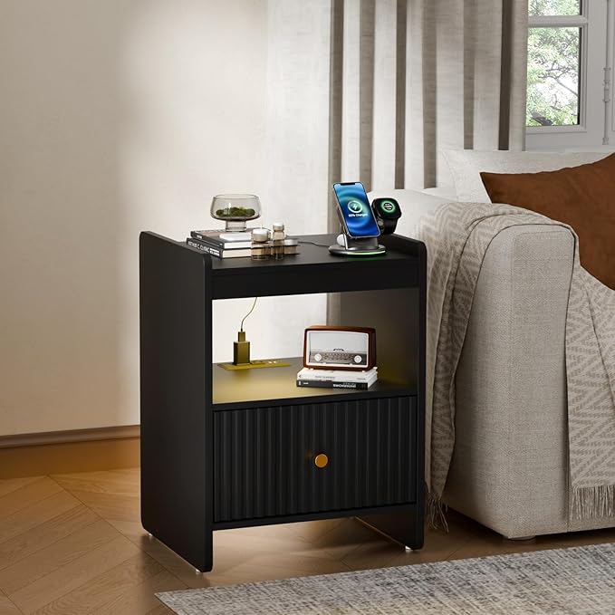 HIFYOBRO 21.6" Tall Fluted Nightstand Set, End Table with Charging Station and LED Light, Modern End Side Table with Drawer (Black)