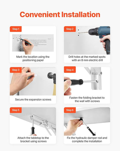 VEVOR Wall Mounted Folding Table, 35.4 x 19.7 inches Wall Mount Table, Floating Desk with Iron Bracket for Small Spaces, Home Office, Dining, Laundry Room, Kitchen, Bar, White