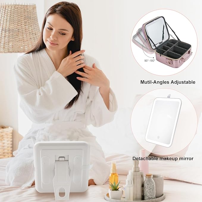 Mocado Travel Makeup Bag with LED Lighted Mirror, Travel Makeup Organizer, Makeup Case with 3 Color Lighted Setting and 10x Magnifying Mirror, Portable Storage and Adjustable Dividers (Champagne)