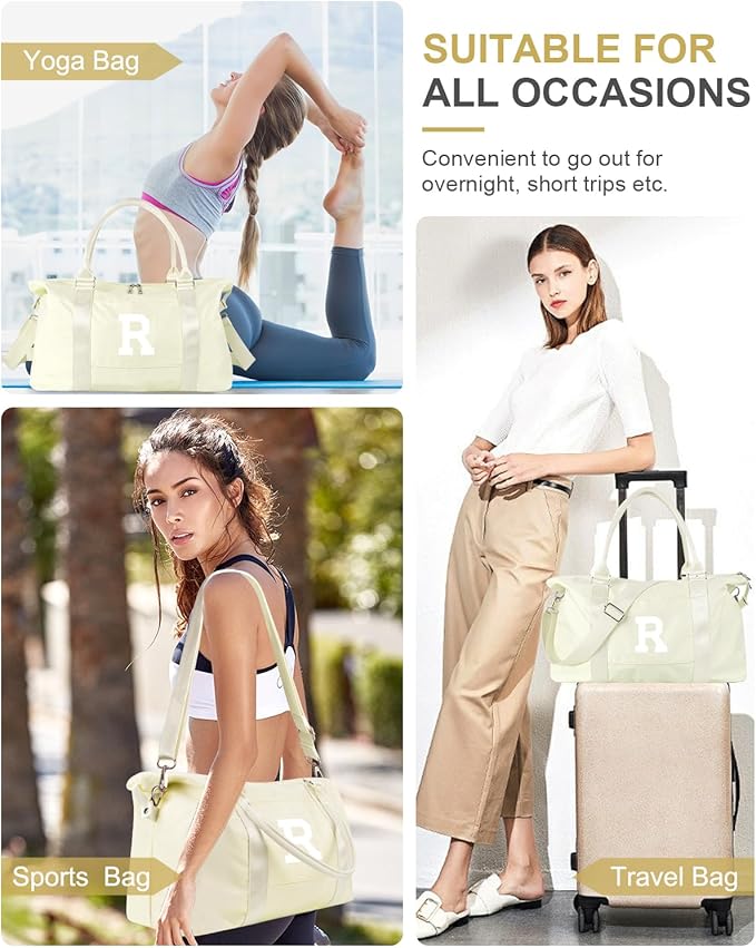 Initial Travel Duffel Bag Sports Gym Bag for Kids Teen Birthday Gifts,Beige Personalized Weekender Bag Carry On Dance Bags for Women Men,Waterproof Monogram Overnight Bag with Trolley Sleeve(Letter R)