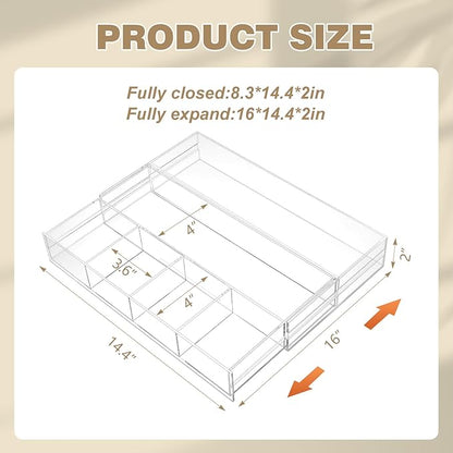 1 PC Acrylic Desk Drawer Organizer 2 Inch Height Expandable Drawer Organizer Trays with 8 Adjustable Compartments Desk Accessories for Makeup Silverware Office Bathroom(Clear,Stylish)