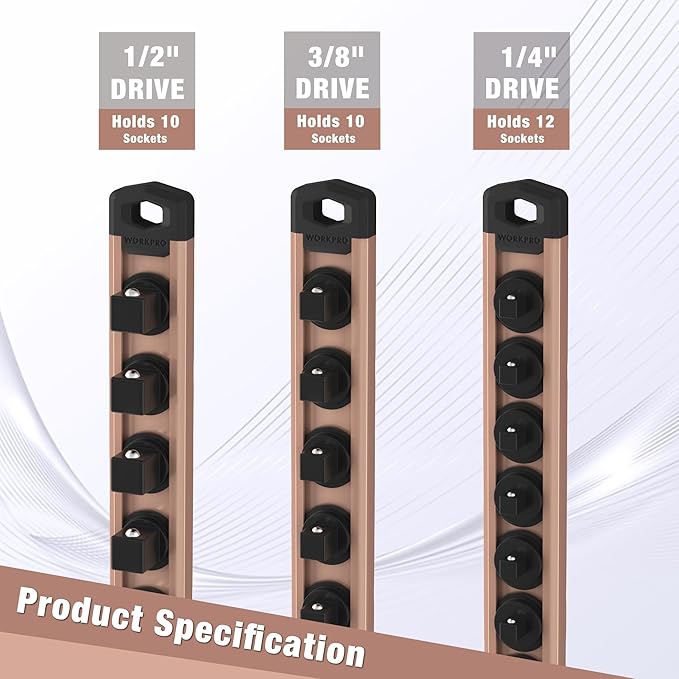 WORKPRO Magnetic Socket Organizer, 3/8-Inch Drive Aluminum Alloy Socket Rail, Heavy Duty Socket Holder, Socket Rack Kit 3/8-Inch x 10 Clips Champagne (Socket not Included)
