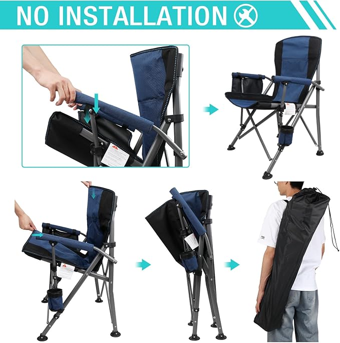 Camping Chair for Adults Heavy Duty Outdoor Patio Lawn Chairs Portable Support 350 LBS High Back Padded Oxford with Armrests, Storage Bag, Cup Holder, for Outside Fishing, Camping, Foldable