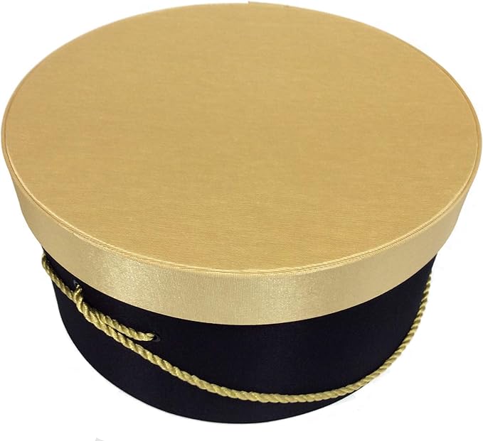 Sarah's Hat Boxes Classic Black/Gold Hat Box – 12.75" x 6.5" (Dia. x Ht.) Handmade in USA – Odorless Non-Toxic Adhesive, Cording Handle – Premium Storage for Hats & Accessories