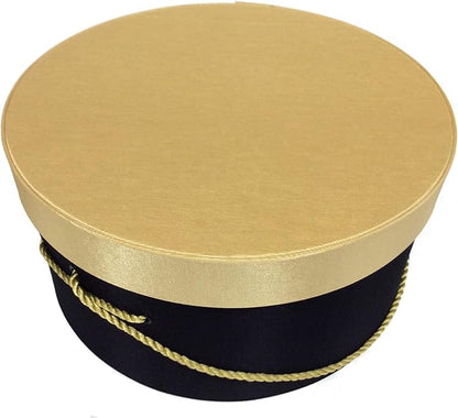 Sarah's Hat Boxes Classic Black/Gold Hat Box – 12.75" x 6.5" (Dia. x Ht.) Handmade in USA – Odorless Non-Toxic Adhesive, Cording Handle – Premium Storage for Hats & Accessories