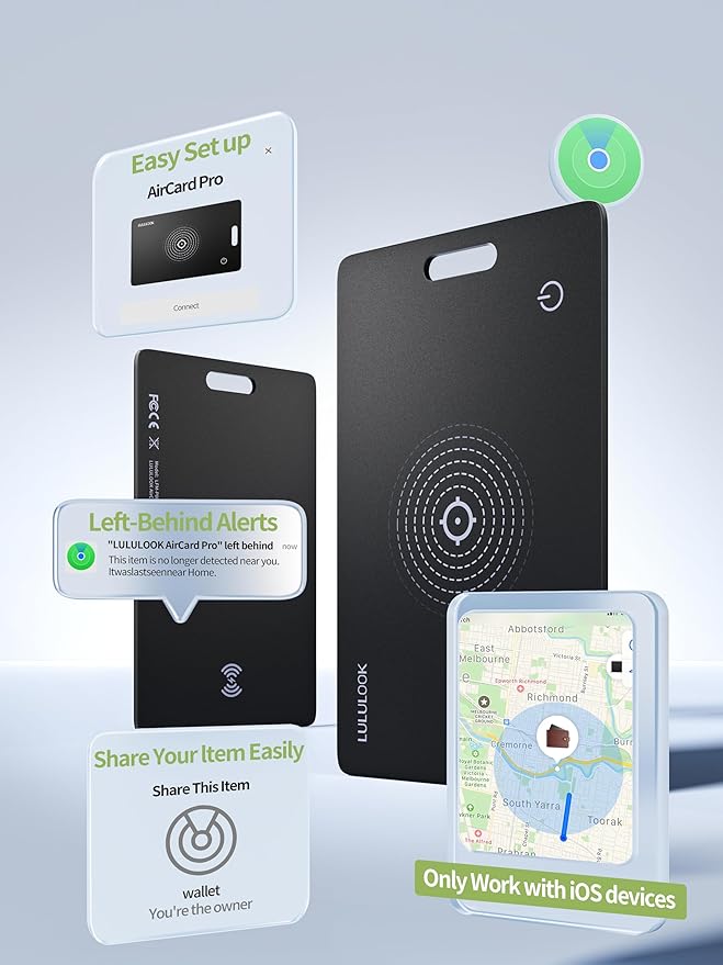 LULULOOK Wallet Tracker Card, Ultra Slim Airtag Wallet Works with Apple Find My (iOS Only), Wireless Rechargeable GPS Smartcard Tracker for Luggage, Tags, Passport, Purse, IP68 Waterproof, 3Pack