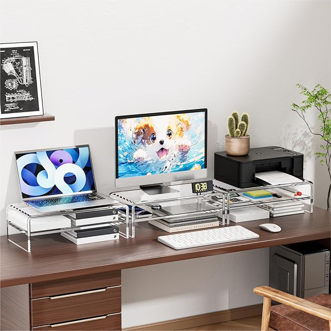 Acrylic Monitor Stand Riser, 2 Tier Clear Computer Monitor Stand for Home Office Business, PC Desk Stand Monitor Riser for Keyboard Storage, Laptop, Printer and TV Screen -12x7.2x5.12 inches