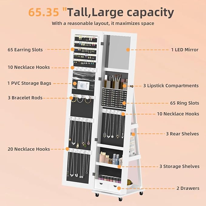 RQZ 360° Rotating Jewelry Organizer with Lights, 8 LEDs Jewelry Cabinet Armoire Standing, Lockable Jewelry Storage with Full-Length Mirror, 4 Storage Shelves, Interior Mirror(65.35" H)
