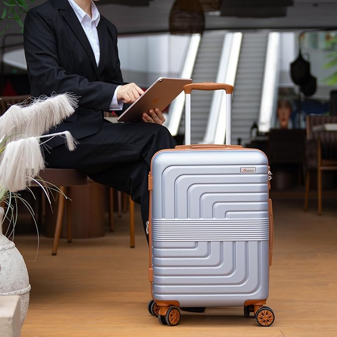 Romswi Expandable 20" Carry On Luggage,Hardshell Suitcase with Double Spinner Wheels for 20% More Space, Airline Approved Lightweight Hardside Luggage, Scratch-Resistant & YKK Zipper,Silver