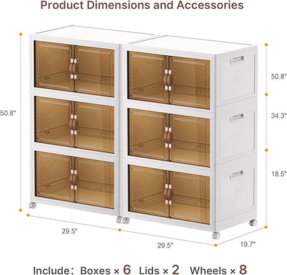 960Qt Stackable Storage Bins with Lids, 6 Pack Large Collapsible Bins with Wheels, Plastic Cabinet with Doors, Foldable Closet Organizers and Storage for Home, Dorm, Office, White