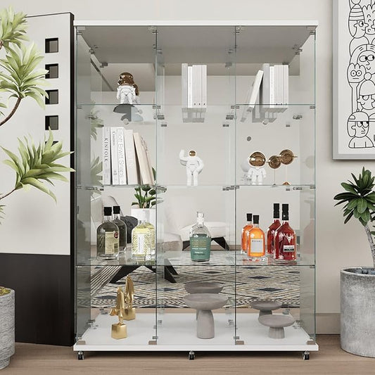 Beauty4U Glass Display Cabinet with Mirror Back Panel, 12 Shelves with 3 Columns, 2 Doors Curio Cabinets for Living Room, Bedroom, Office, White Floor Standing Glass Bookshelf, Quick Installation