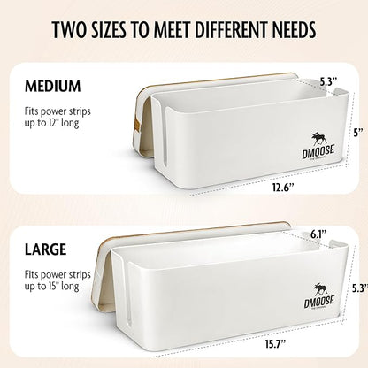 DMoose Cable Management Box - 2 Pack Medium & Large Cord Organizer for Desk & Floor, Cable Organizer Box for Child & Pet - Cable Box Hider for Tidy Office & Home (Wood Print Lid, White Box, Pack of 2)