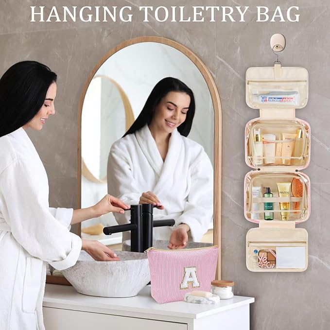 YOOLIFE Hanging Toiletry Bag for Women - Travel Toiletry Bag Makeup Bag, Portable Toiletries Cosmetic Bag, Airplane Travel Essentials - Letter P, Pink