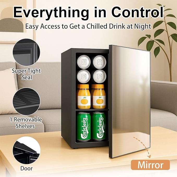 0.95 Cu.Ft Mini Refrigerator and Beauty Fridge, 24 Cans Mini Fridge with Mirror Door, Temperature Control, Removable Shelf, Compact Cooler for Bedroom, Dorm, Office, Beverage Beauty Storage